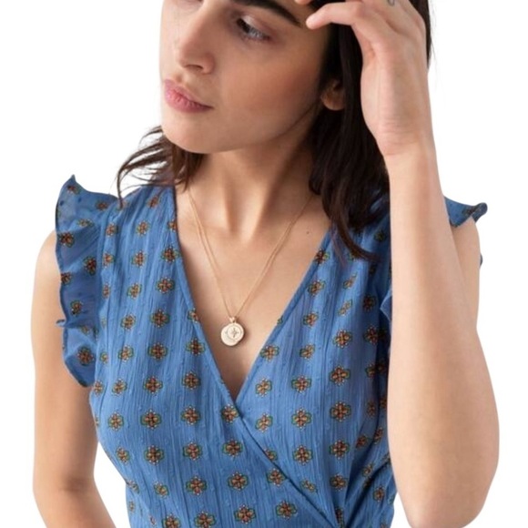 & Other Stories Blue orange floral Midi wrap cotton Dress flutter sleeve size 0 - Picture 2 of 16